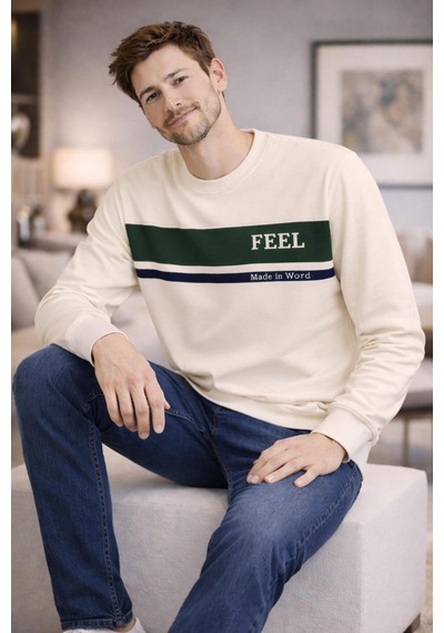 The Feel Marcel Erkek Dar Kesim Flim Fit Bisiklet Yaka Desenli Kazak Krem