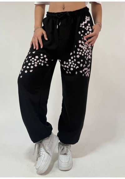 Zaee Sakura Nakışlı Baggy Ayarlanabilir Paça Eşofman Altı Siyah
