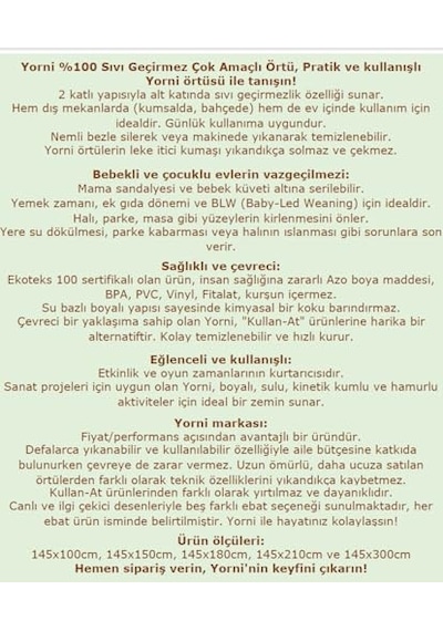 Yorni Su Geçirmez Yer/masa Örtüsü, Aktivite, Yemek Ve Oyun İçin, Doğa Dostu Ve Çevreci, Ekoteks Sertifikalı,%100 Polyester, Family, 150x100cm, Dikdörtgen