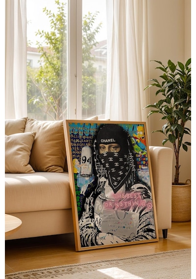 Chanel Maskeli Mona Lisa Çerçeveli Tablo Lüks Butik Güzellik Salonu Dekoru Street Art