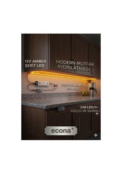 Mutfak Dolabı Tezgah Üstü Için 5 Metre Amber Şerit Led Işık Adaptörlü Anahtarlı Tak Çalıştır Amber