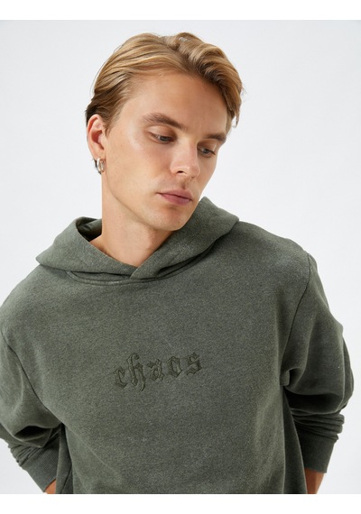 Koton Kapşonlu Sweatshirt Slogan İşlemeli Ribanalı Uzun Kollu Şardonlu Haki 4wam70274mk Haki