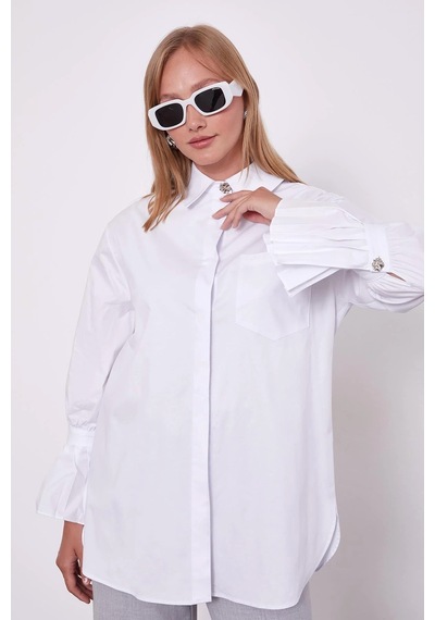 Lale Butik Levidor Kolu Pilise Detay Gömlek 230143 Beyaz
