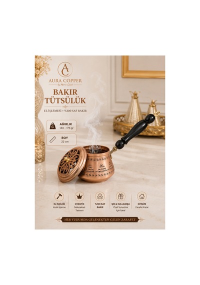Bakır Tütsülük Ahşap Saplı El İşlemeli Dekoratif Tütsü Kabı 22 Cm - Bakır Bileklik Hediyedir