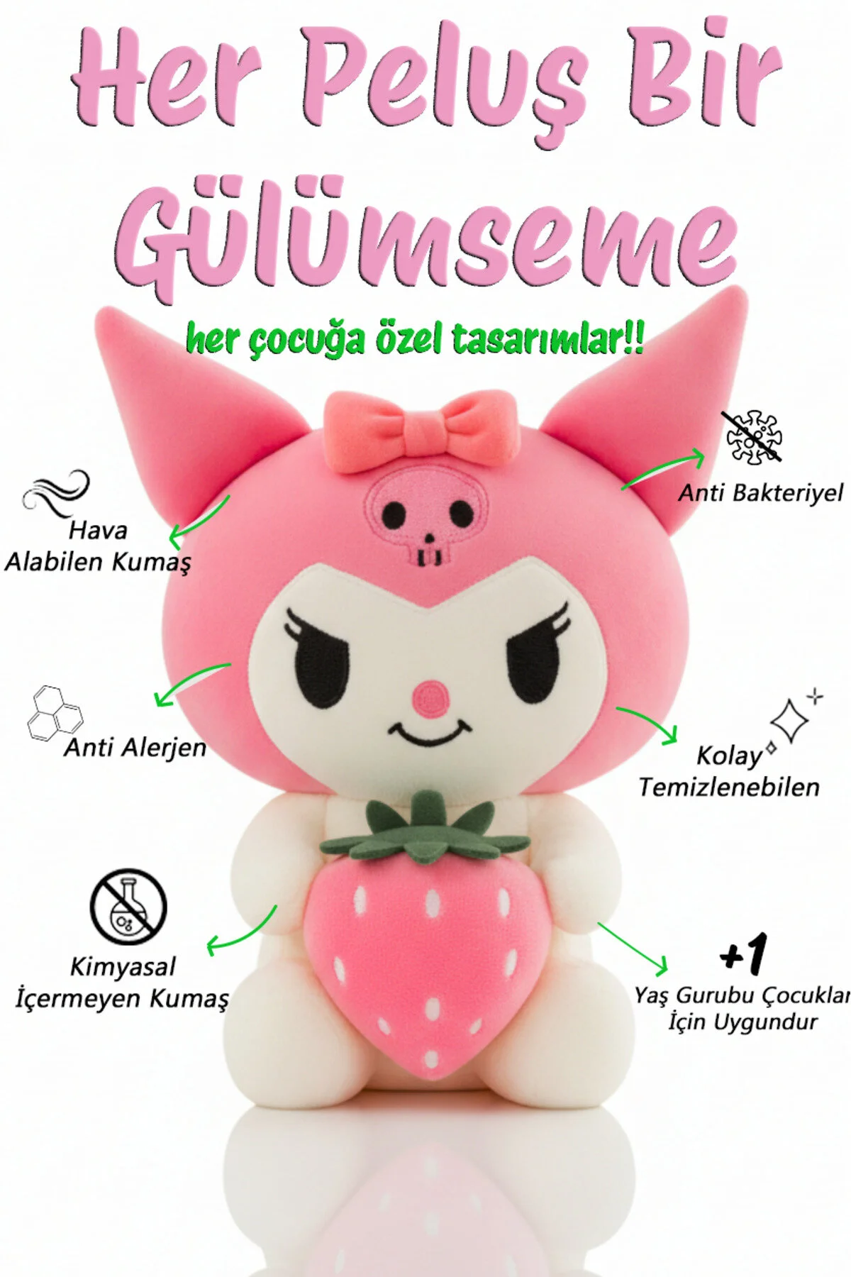 Kuromi Pembe Çilekli 40 Cm Tatlı & Hediye Edilebilir Oyuncak Açık Pembe