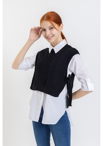 Giysa Kadın Triko Crop Süveter Siyah Yandan Bağlamalı Kısa Örgü Desen Dokulu - 4014-355 Siyah