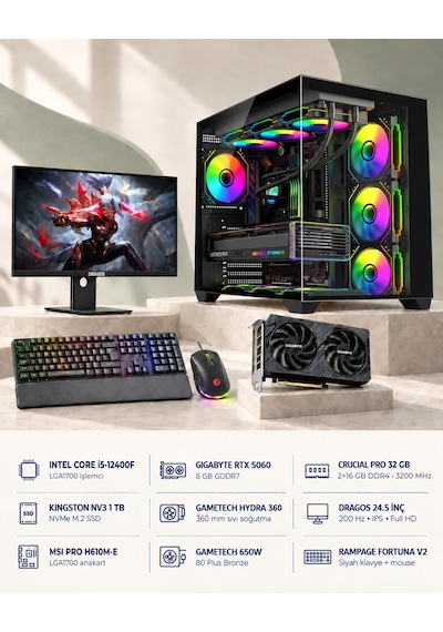 Symoon SYMOONPC0259 i5-12400F 8 GB 32 GB 1 TB SSD RTX5060 24.5" Dos Masüstü Oyuncu Bilgisayarı