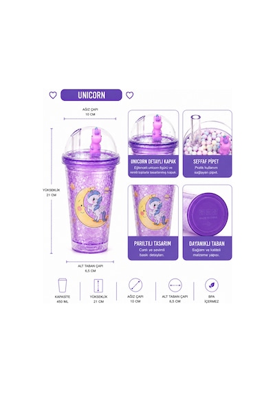 Unicorn Temalı Pipetli Bardak 450 Ml Pembe Renkli Çocuk Matara Şeffaf Kapaklı Bpa İçermez 4 Farklı Model Çok Renkli - Pembe&mor Tonlu Unicorn Temalı Pipetli Bardak 450 Ml Pembe Renkli Çocuk Matara Şeffaf Kapaklı Bpa İçermez 4 Farklı Model Çok Renkli - Pembe&mor Tonlu
