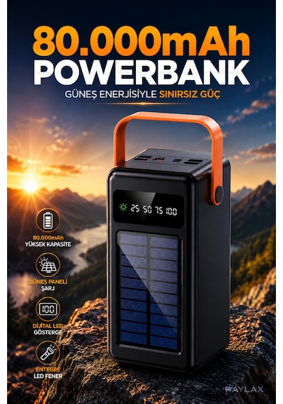 Powerbank 80.000 Mah Güneş Enerjili Solar Dijital Göstergeli El Fenerli Taşınabilir Batarya Siyah