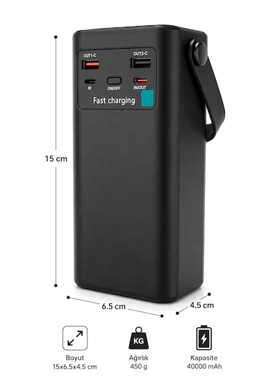 40.000mah Akıllı Hızlı Şarj Powerbank Taşınabilir Güç Kaynağı Fenerli 3 Modludijital Göstergeli 2 Çıkış 2 Giriş Taşınabilir Kollu Type-c-micro Usb-lightning-usb-a Kablolu siyah