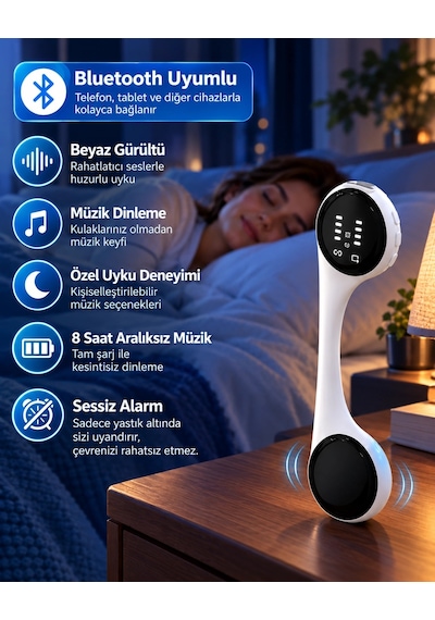 Sessiz Alarm Özellikli Bluetooth Hoparlör Yastık Altı Uyku Cihazı Doğal Ses Ve 8 Saat Kesintisiz Müz
