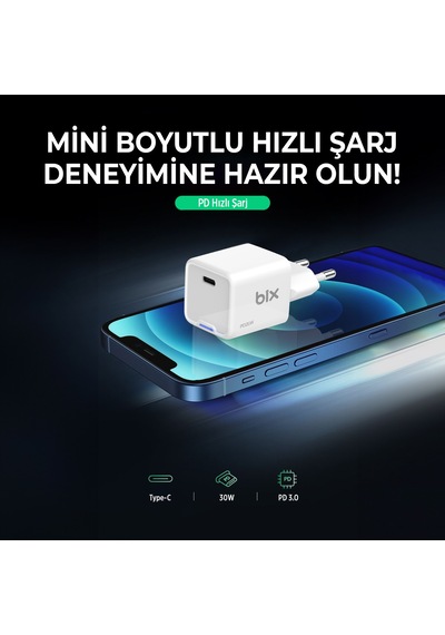 Bix BX1P30G GaN 30W Led Göstergeli Hızlı Şarj Cihazı Beyaz