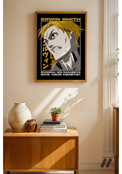 Attack On Titan Erwin Smith Anime Poster, Ahşap Çerçeveli Duvar Tablosu - Anime Severlere Özel Hediy