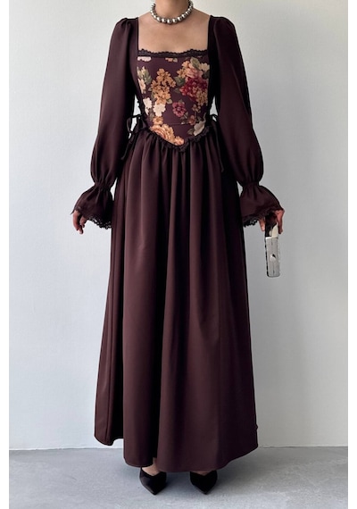 Nils Boutique Vintage Korsajlı Midi Elbise Kahverengi