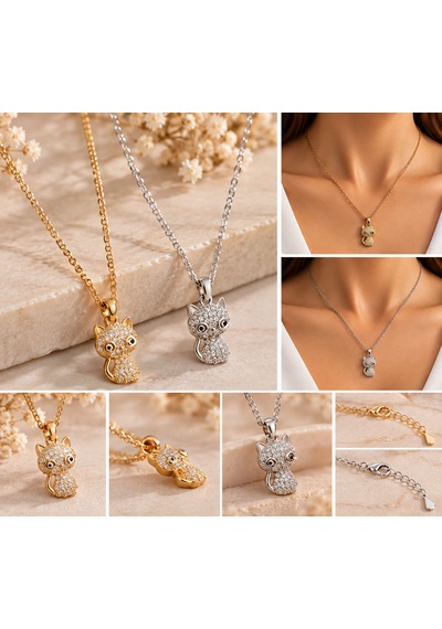Gold & Gümüş Taşlı Kedi Figürlü Kolye Altın