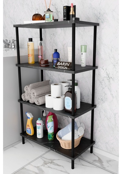 Çevir Kur Kolay Kurulum 4 Katlı Banyo Rafı Metal Gövdeli Çok Amaçlı Organizer Stand Banyo Dolabı Siyah Mermer