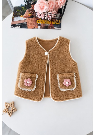 Minigimin Cicileri Çiçek Cep Detaylı Peluş Yelekli Kız Bebek 3 Lü Takım - Pembe