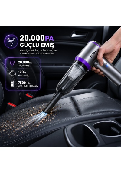 Araç İçi Süpürge Kablosuz Şarjlı El Süpürgesi 20.000pa Gerçek Emiş Gücü 120w Güç 7500mah Güçlendirilmiş Batarya Ry-vc10