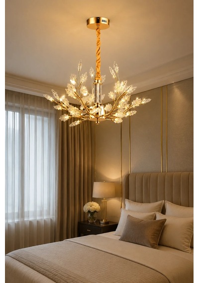 Modern Premium Yaprak Detaylı Gold Led Avize Salon Yemek Odası Dekoratif Sarkıt Avize 28w