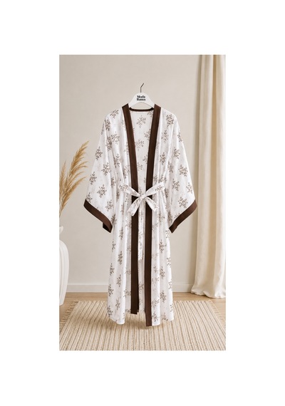 Moda Banuş Beyaz Nakış İşlemeli Yarasa Kol Uzun Kimono, Pareo Beyaz Beyaz