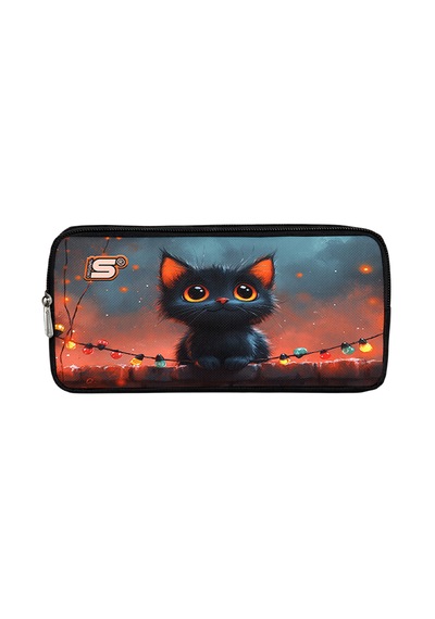 Sevimli Kedi Işıklı Gece Desenli Çift Bölmeli Kalemlik Siyah
