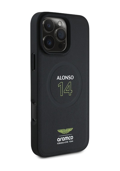 Apple Uyumlu iPhone 16 Pro Max Kılıf Aston Martin Lisanslı Magsafe Pu Deri Alonso 14 Baskılı Kapak Siyah