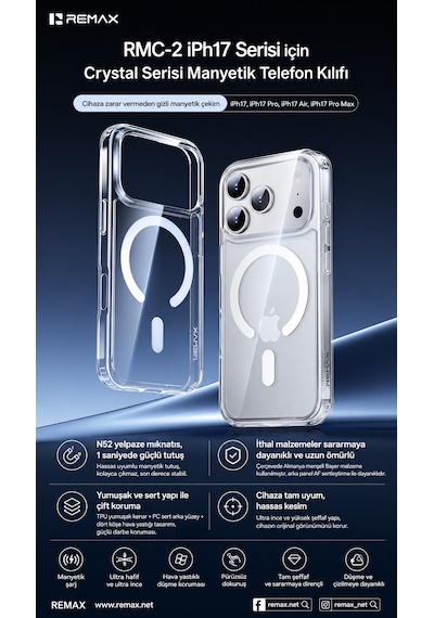 Remax Crystal Series Apple iPhone 17 Pro Max Magsafe Uyumlu Kristal Şeffaf Kılıf Darbe Emici Bayer Silikon Rmc-2 Remax Crystal Series Apple iPhone 17 Pro Max Magsafe Uyumlu Kristal Şeffaf Kılıf Darbe Emici Bayer Silikon Rmc-2