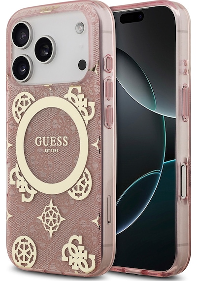 Apple Uyumlu iPhone 17 Pro Kılıf Guess Lisanslı M-safeli Iml Peony Ve 4g Desenli Klasik Logolu Kapak Pembe Pembe