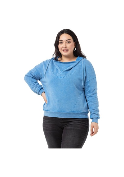 Büyük Beden Degaje Kapüşonlu Yaka Cepli Parça Boyalı Üç İplik Mavi Sweatshirt-mavi Mavi