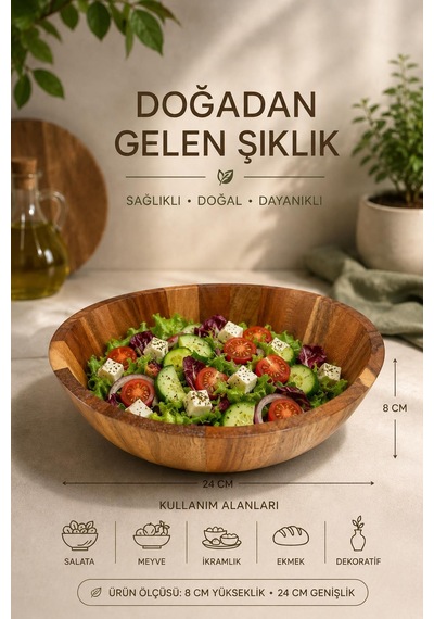 24 Cm Akasya Ahşap Salata Kasesi Modern Ekmeklik , Şık Ve Doğal Sunum Kasesi