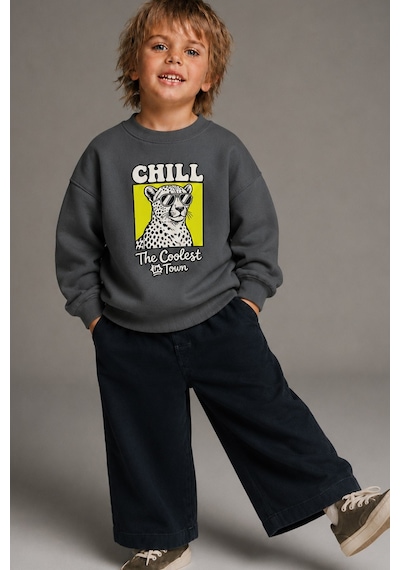 Monila Erkek Çocuk 3 İplik Kumaş Leopar Baskılı Pamuklu Sweatshirt Antrasit