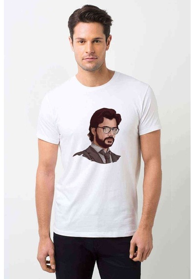 La Case De Papel Profesör Baskılı Beyaz Erkek Tshirt