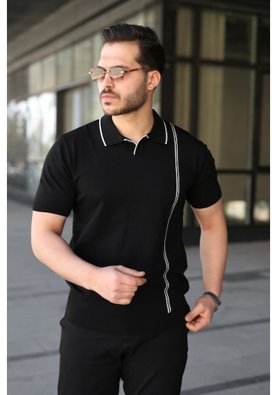 Butik İstanbul Erkek Çizgi Detaylı Yakalı Triko Tişört Koyu Bordo