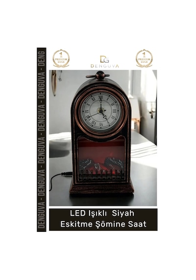 Saat Vintage Dekoratif Alev Efektli Masa Saati Fener Led Işıklı Siyah Eskitme Şömine Saat Çok Renkli