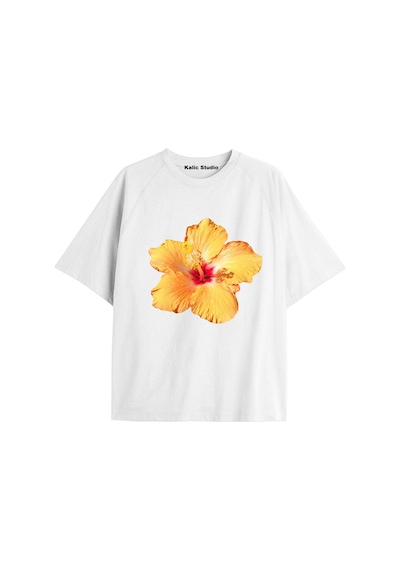 Kalic Studio Kadın Çiçek Özel Baskılı Renkli Oversize Penye Pamuklu Bisiklet Yaka T-shirt Beyaz-4