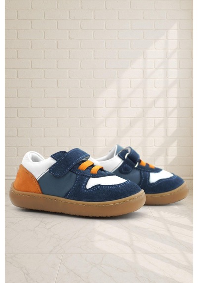 Rakerplus Bob Hakiki Deri Lacivert Beyaz Barefoot Cırtlı Lastikli Bebek Sneaker Ayakkabı Lacivert
