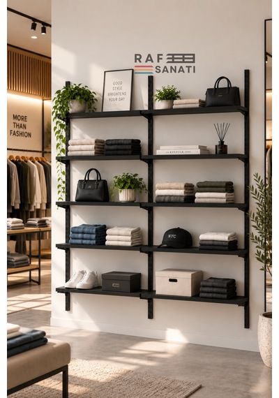 2 Modül 90x30 Cm 10 Raflı Geniş Mağaza Duvar Rafı Konik Dikme Sistem Siyah Suntalam