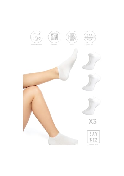 Saysez Bambu Kadın Patik Düz Beyaz Çorap Dikişsiz Premium 3'lü Paket Renkli