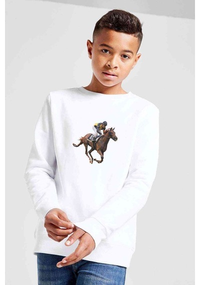 Tshirthane At Yarışı Jokey Baskılı Unisex Çocuk Beyaz Sweatshirt