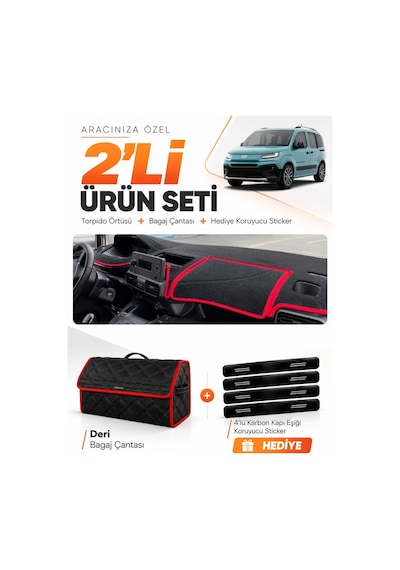 Fiat Doblo 2023-2026 Uyumlu Torpido Örtüsü + Deri Bagaj Çantası + Sticker Seti - Siyah Kırmızı