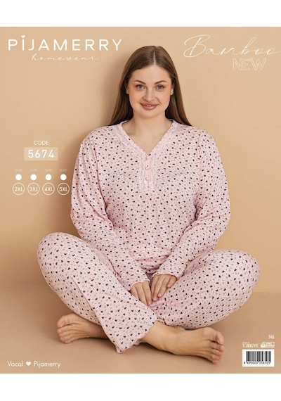 Pijamerry Kadın Büyük Beden Dantel Yaka Bambu Uzun Kol İnce Pijama Takımı 5674 - 1 Adet Pudra