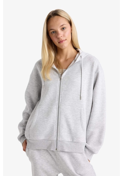DeFacto -  Relax Fit Kapüşonlu Basıc Kalın Fermuarlı Sweatshirt C1809AX26SP Gri