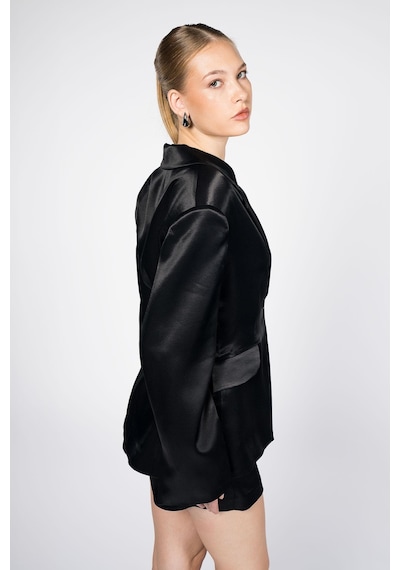 Kadın Siyah Bele Oturan Saten Blazer Siyah
