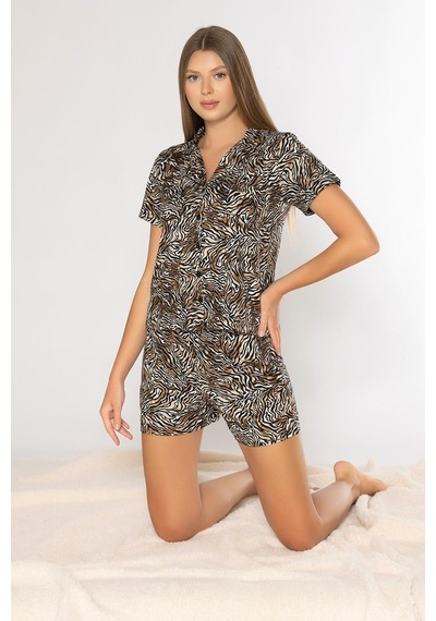 Leopar Desen Boydan Düğmeli Şort Takım Alperi 760-303 Desenli