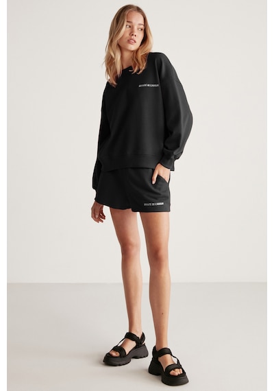Grımelange Jennıfer  Kadın Yumuşacık Nakış Detaylı Organik Pamuk Oversize Siyah Sweatshirt