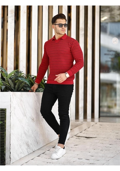 Bordo Erkek Slim Fit Polo Yaka Patlı Triko Kazak-trz19132r01s Bordo