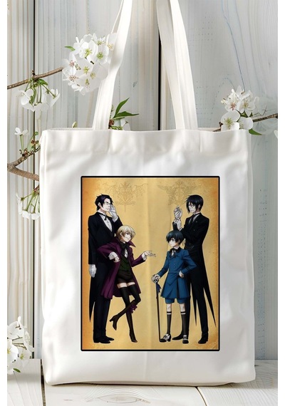 Art Hediye Black Butler Kuroshitsuji Baskılı Bez Omuz Çantası Kişiye Özel Model 2 Çok Renkli