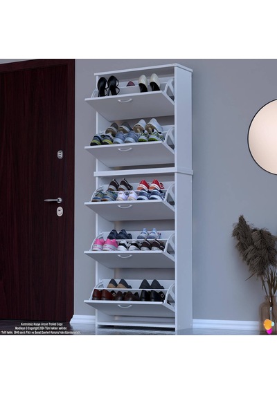 Modilayn Verve Antre 72x194x26 Cm Lik 3 Düşer Kapak 10 Göz Bölmeli Ayakkabılık Beyaz