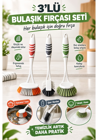 3'lü Pratik Fırça Seti - Banyo, Lavabo Ve Bulaşık Fırça Seti - Bulaşığa Ayrı Banyoya Ayrı Fırça