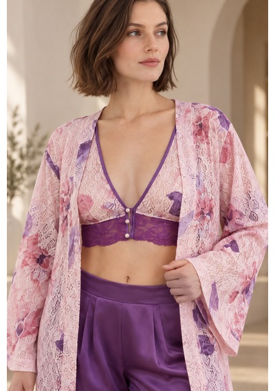 Loule Kadın Mor-pembe Çiçekli Kimonolu Saten Pijama Takımı Mor - Pembe